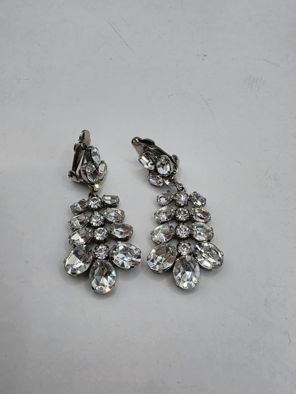 Vintage Signed Austria Clear Rhinestone Chandelier Clip-On Earrings
